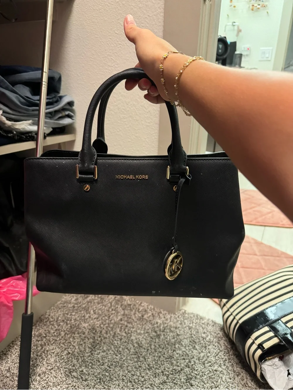 Michael Kors Black Saffiano Satchel with Gold Accents